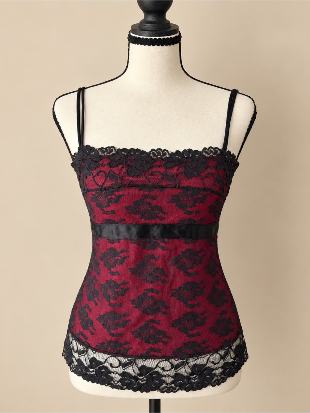 Goth Grunge Y2K Red Mesh Black Lace Overlay Cami Tank Top S